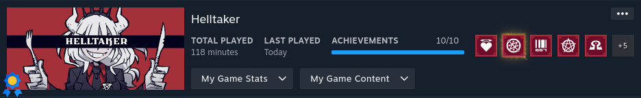 Steam games page of what my status looked like when I completed the game.