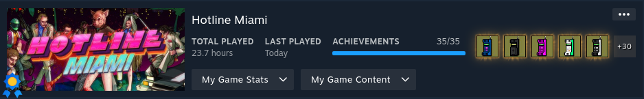 Steam games page of what my status looked like when I completed the game.